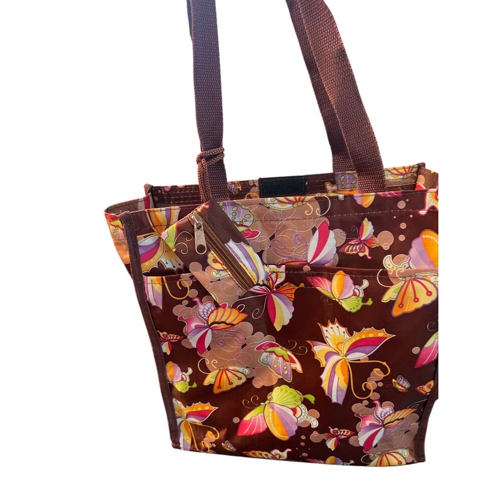 Butterfly Print Brown Tote Bag Zip Top Easy Wipe Clean Lunch Diaper Coin Purse